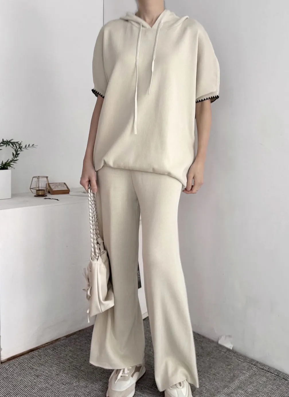 配色ヘム半袖ドロストフードニット&パンツSET | 詳細画像1