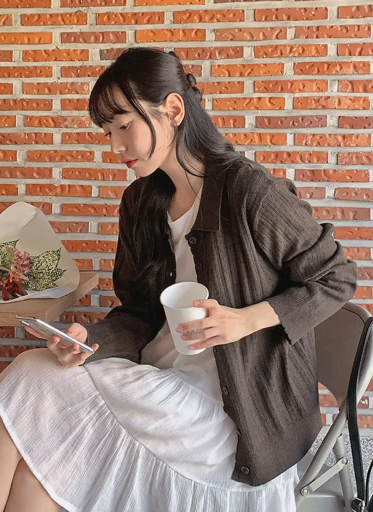 カラーネックパンチング長袖カーディガン | hotping | 詳細画像1