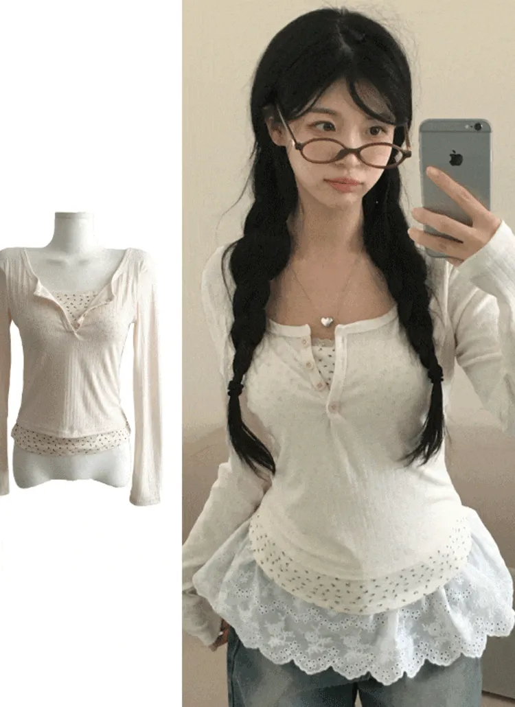 レースフラワーレイヤードオープンネックTシャツ | creamsugar | 詳細画像1