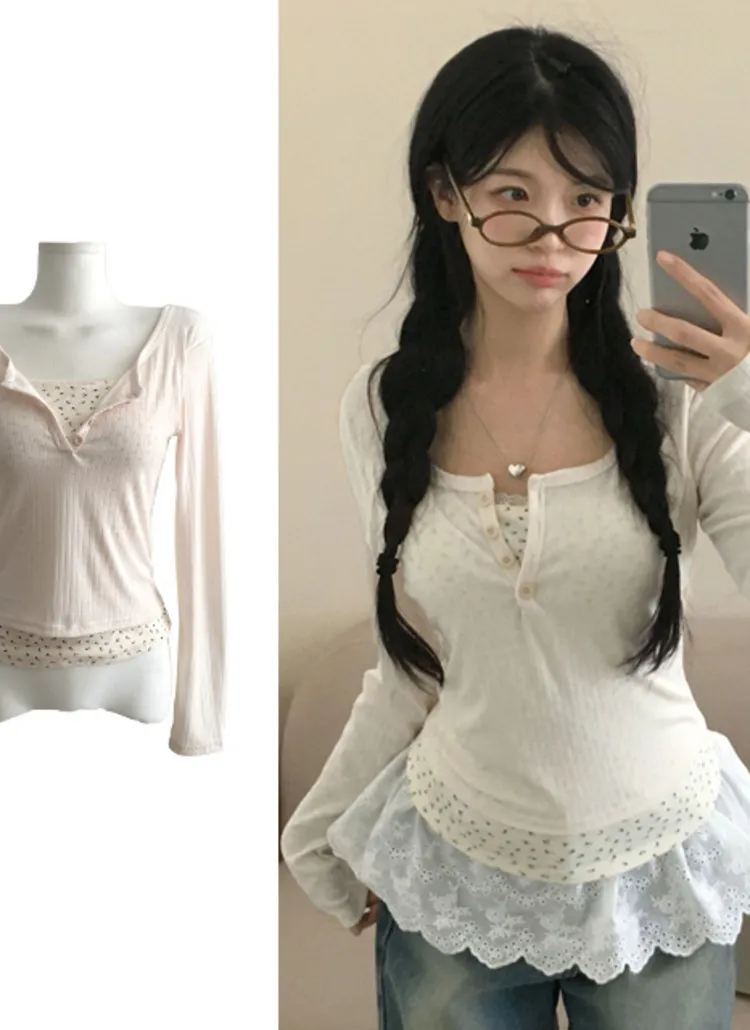 レースフラワーレイヤードオープンネックTシャツ | creamsugar | 詳細画像1