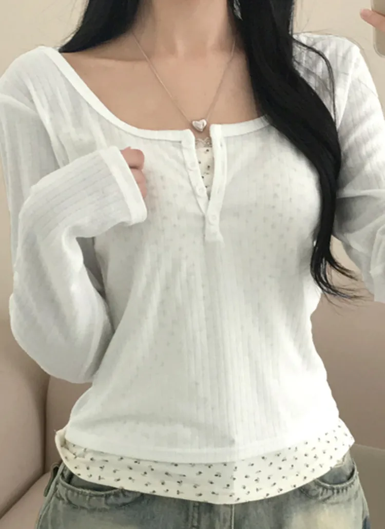 レースフラワーレイヤードオープンネックTシャツ | creamsugar | 詳細画像3