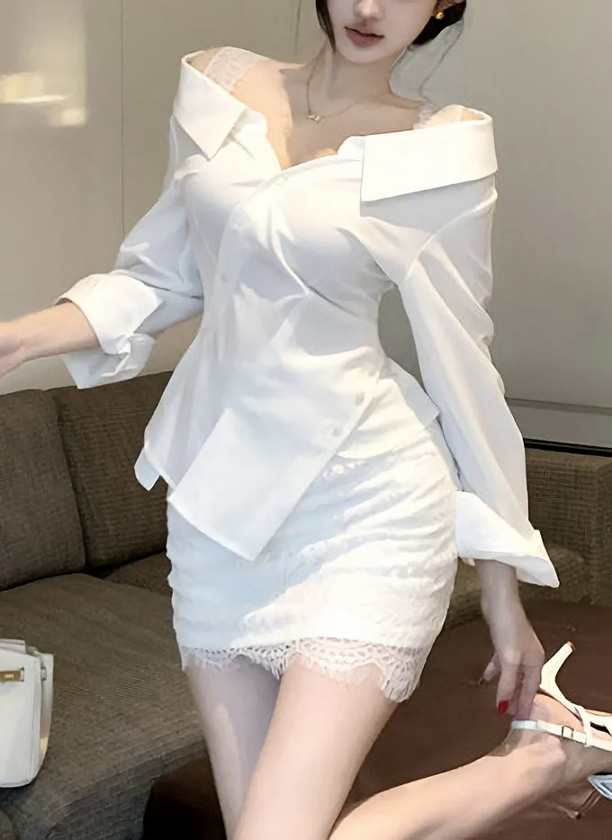 くるみボタンクロスレースオフショルシャツ | 詳細画像1