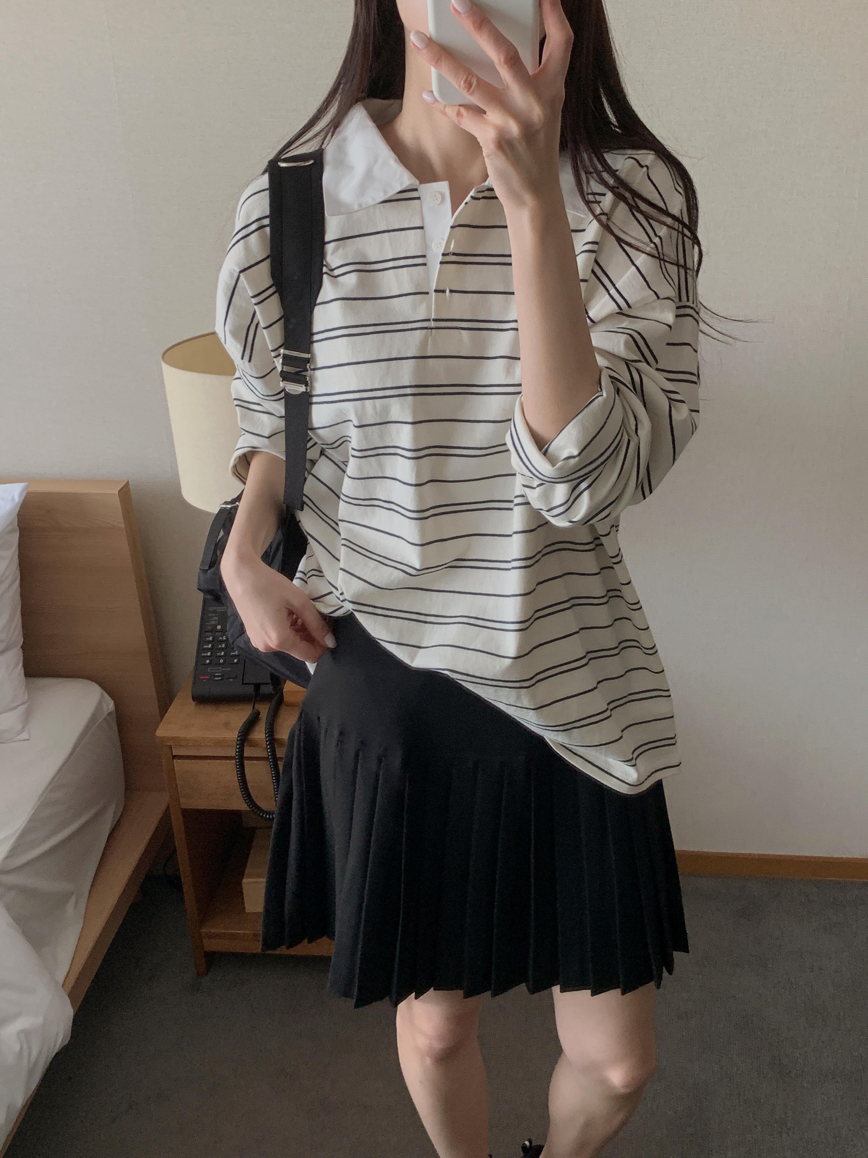 配色ポロカラーボーダーボクシーTシャツ | 詳細画像4