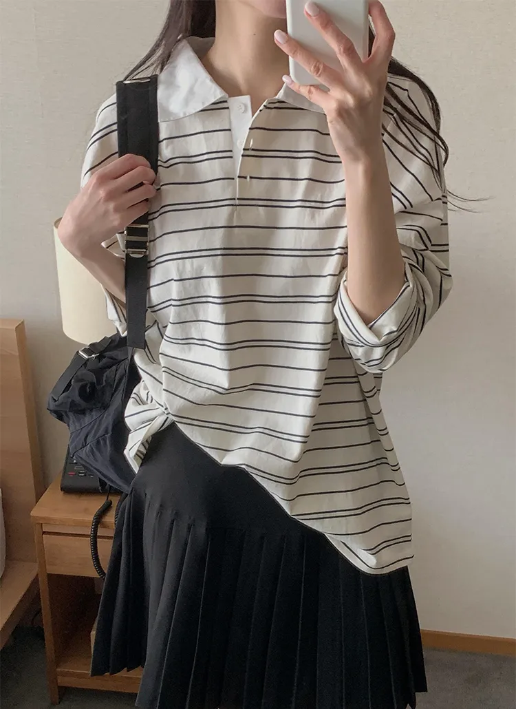 配色ポロカラーボーダーボクシーTシャツ | 詳細画像1