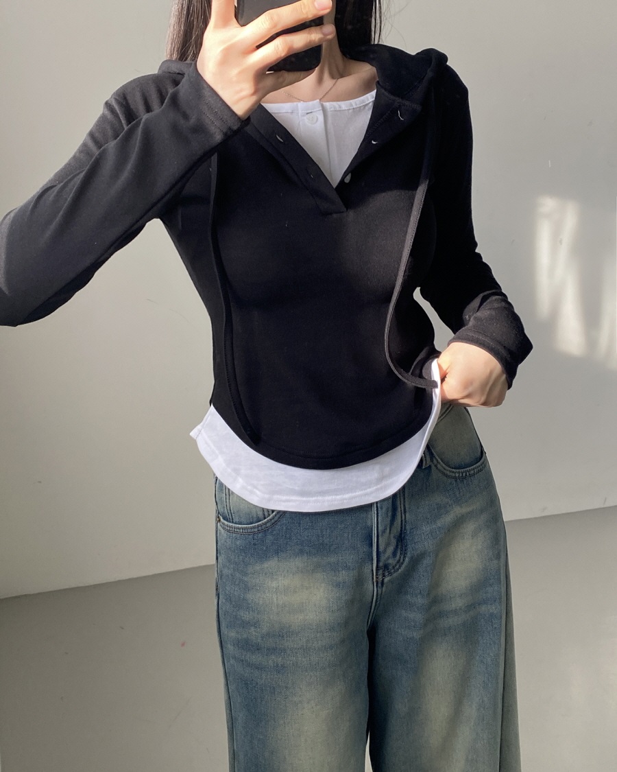 ハーフボタンレイヤードフードTシャツ | 詳細画像12