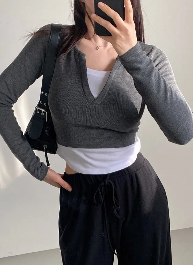 配色レイヤード風キーネックTシャツ | 詳細画像1