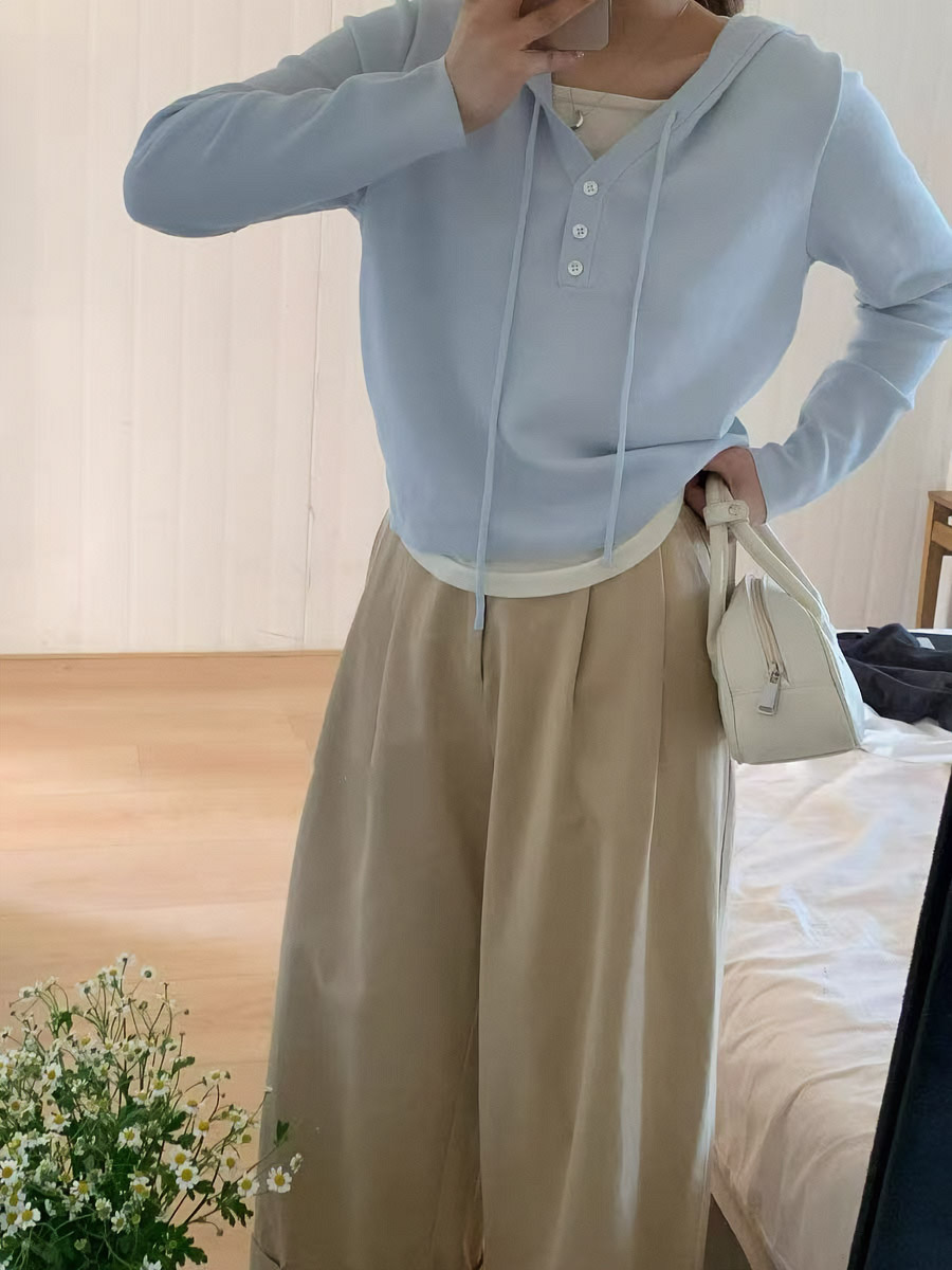 ウール混配色レイヤード風ボタンフードニット | 詳細画像17