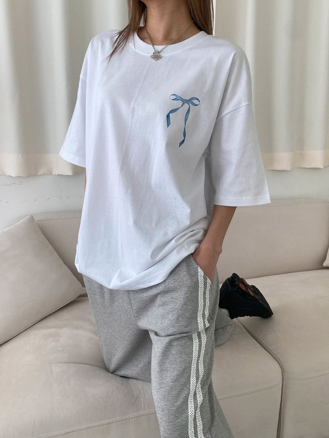 リボンバックレタリングボクシー半袖Tシャツ | 詳細画像5