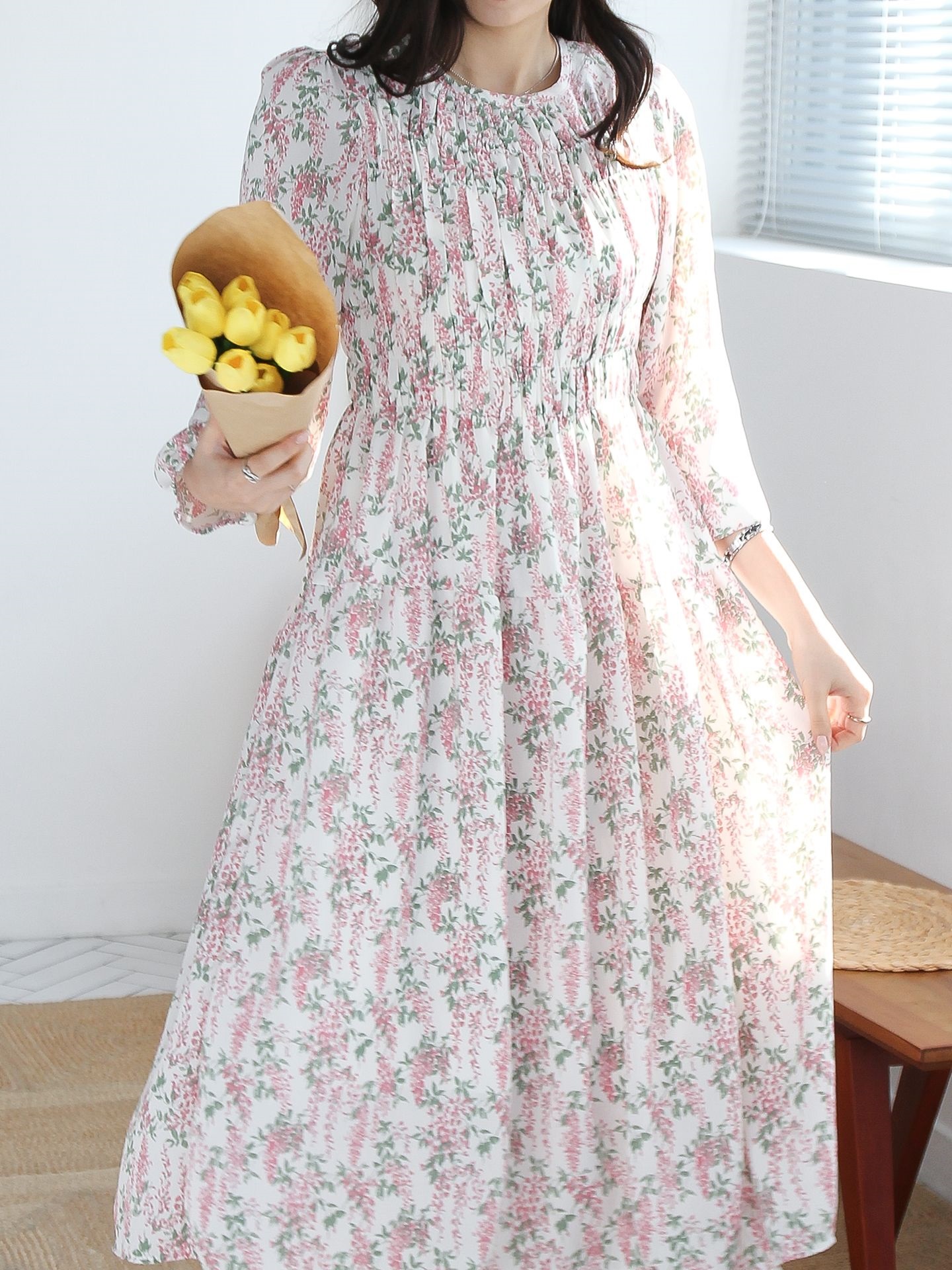 花柄シャーリングパフワンピース | 詳細画像7