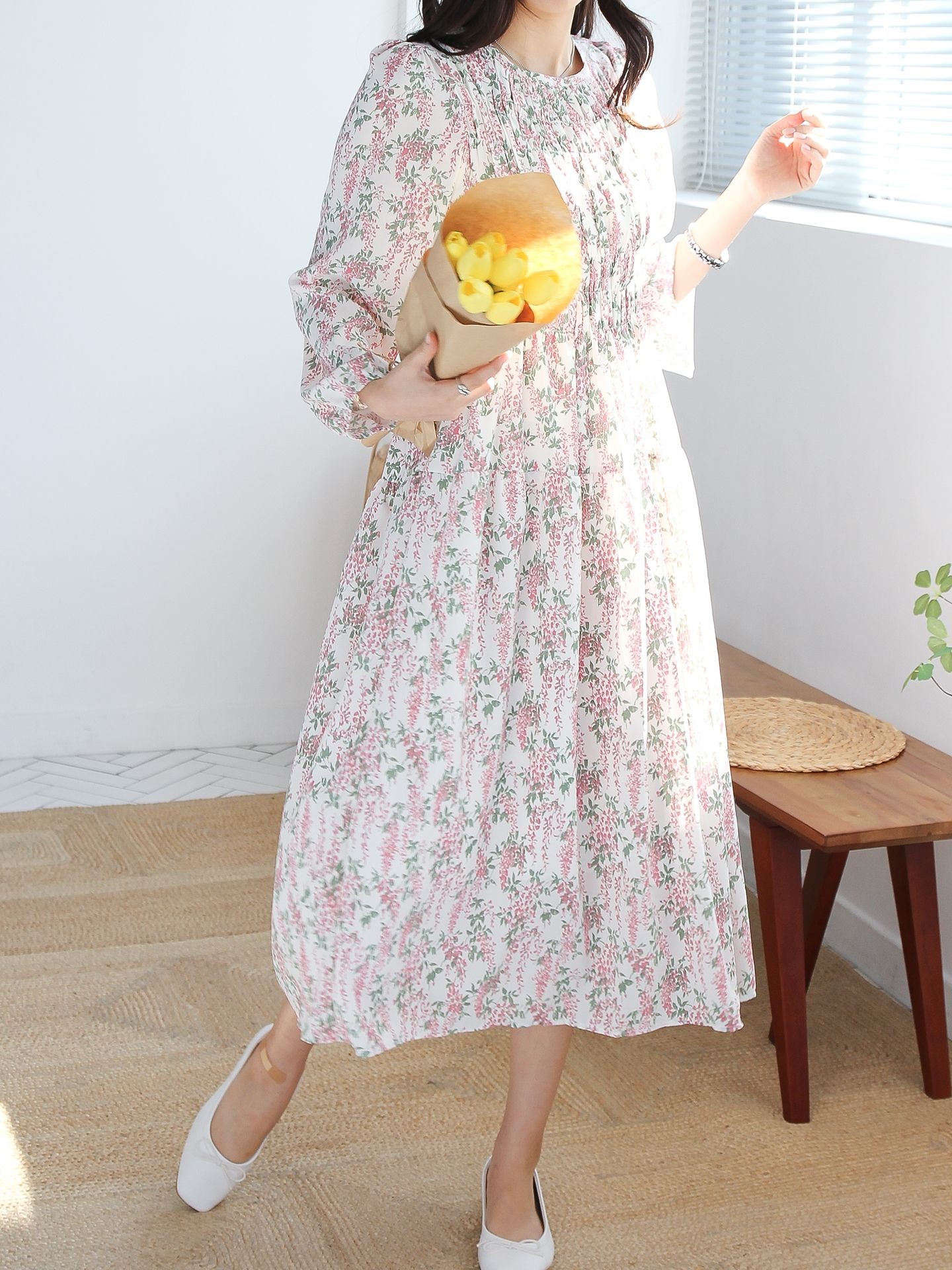花柄シャーリングパフワンピース | 詳細画像8