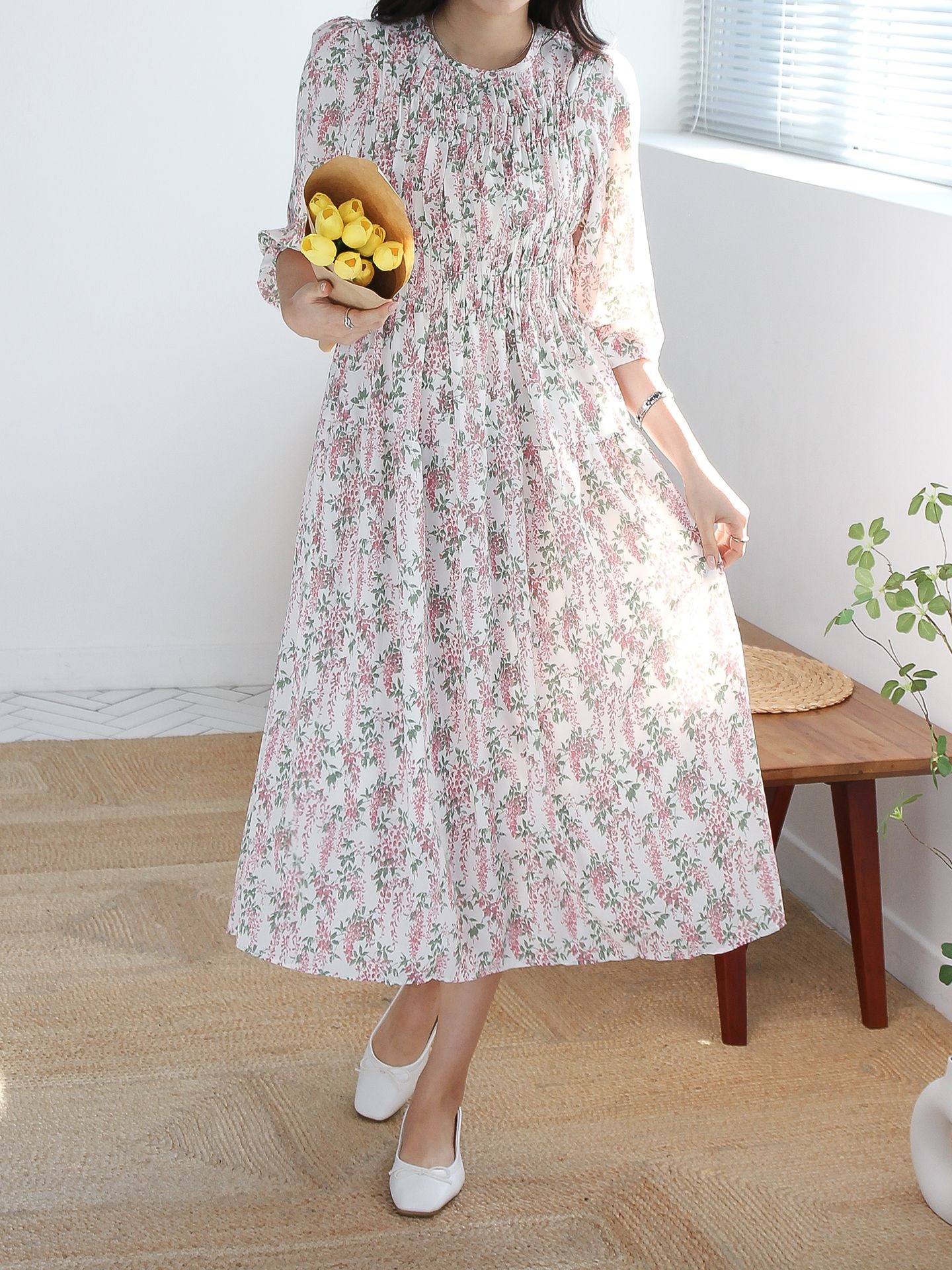 花柄シャーリングパフワンピース | 詳細画像10