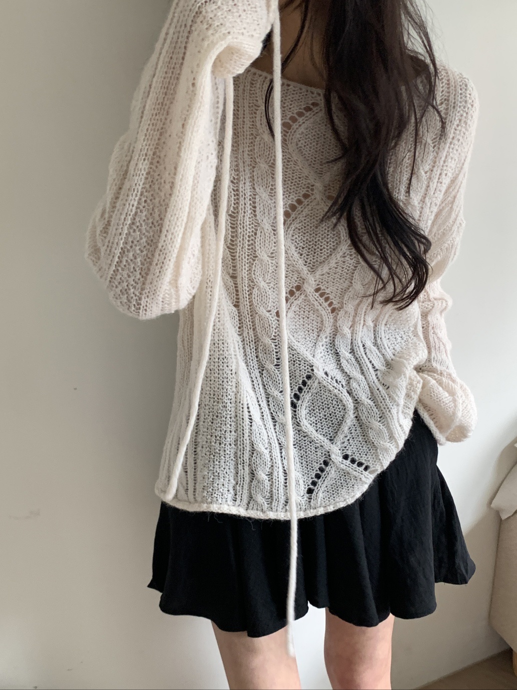 ストラップ付アルパカ混ボートネックシアーケーブルニット | 詳細画像7