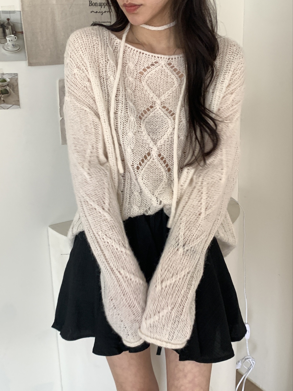 ストラップ付アルパカ混ボートネックシアーケーブルニット | 詳細画像3