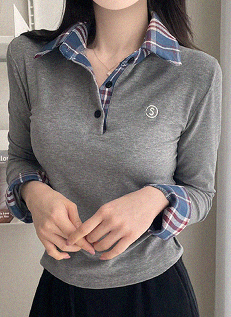 チェック配色ポロカラー刺繍Tシャツ | レディースファッション
