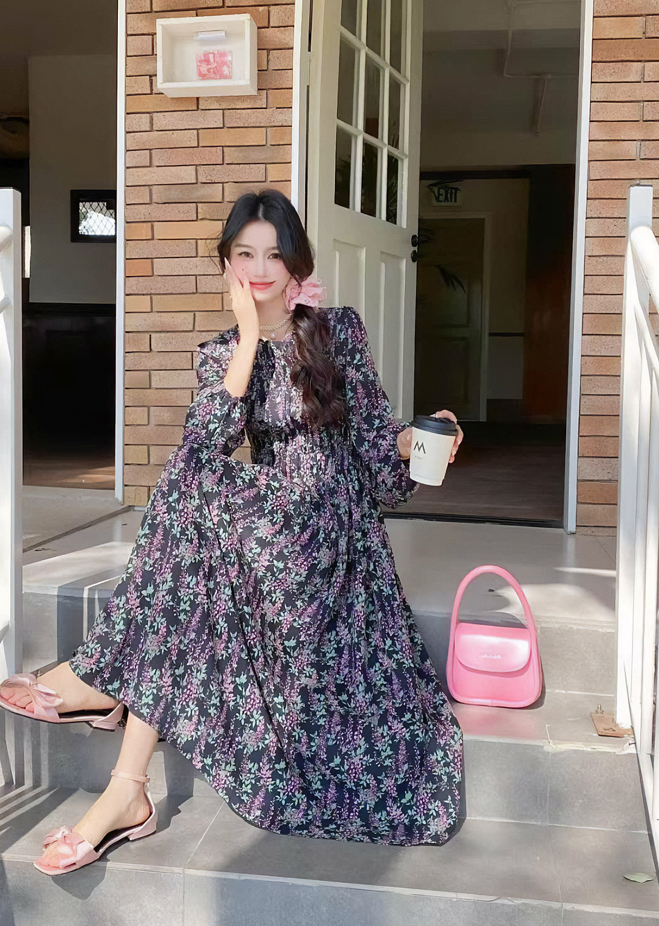 花柄パフシャーリングロングワンピース | 詳細画像3