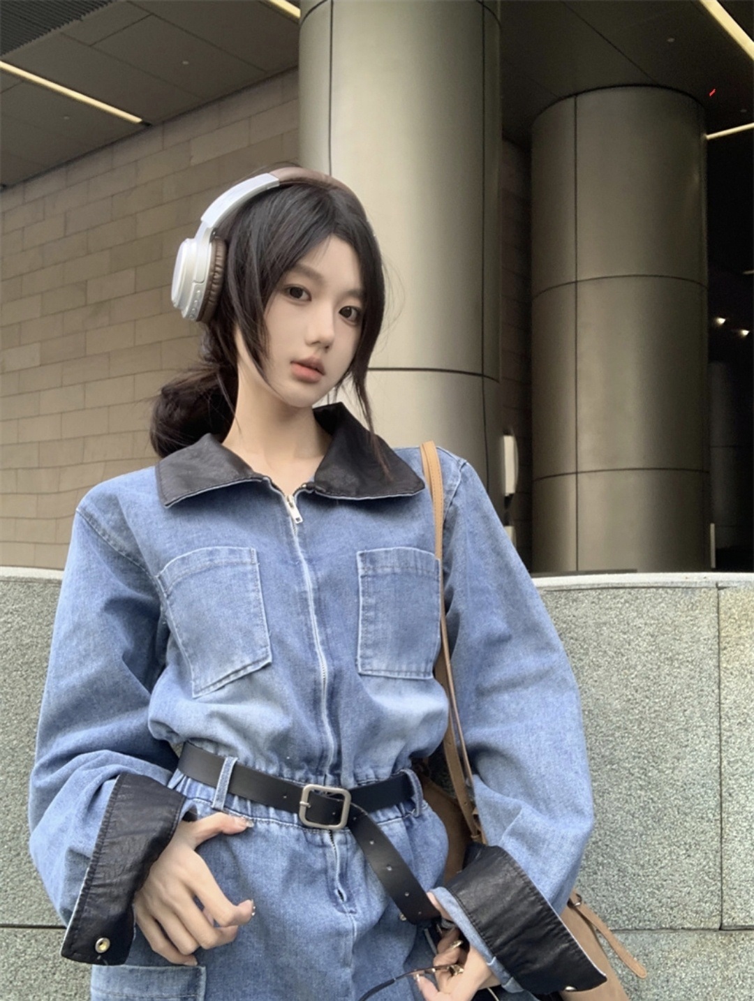レザー調カラージップアップデニムオールインワン | 詳細画像8