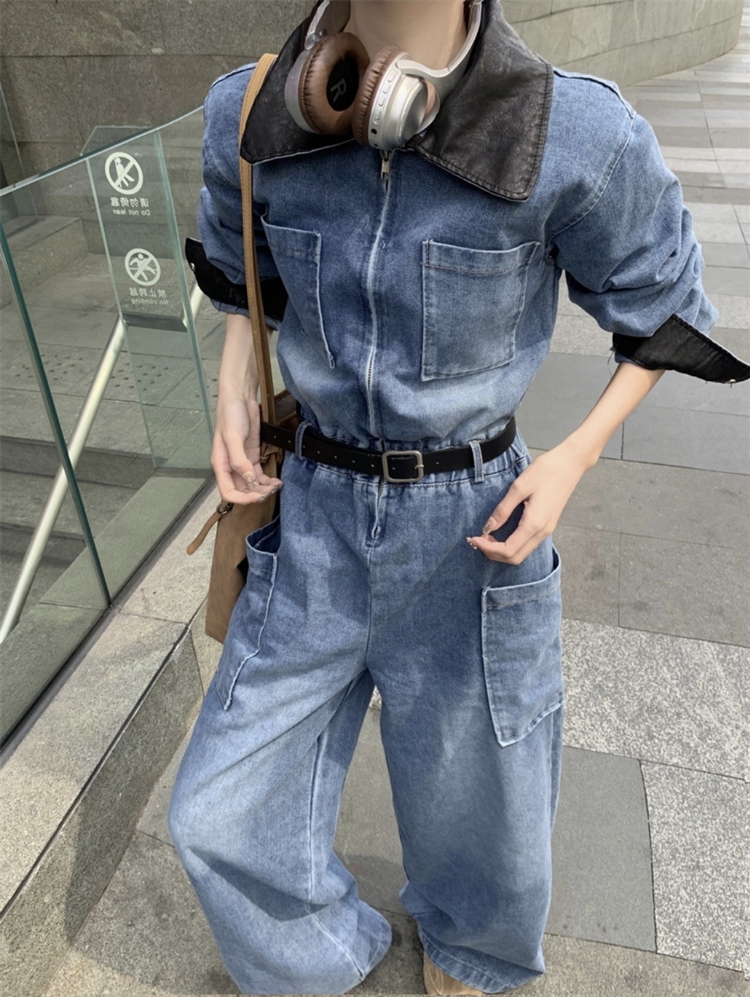 レザー調カラージップアップデニムオールインワン | 詳細画像10