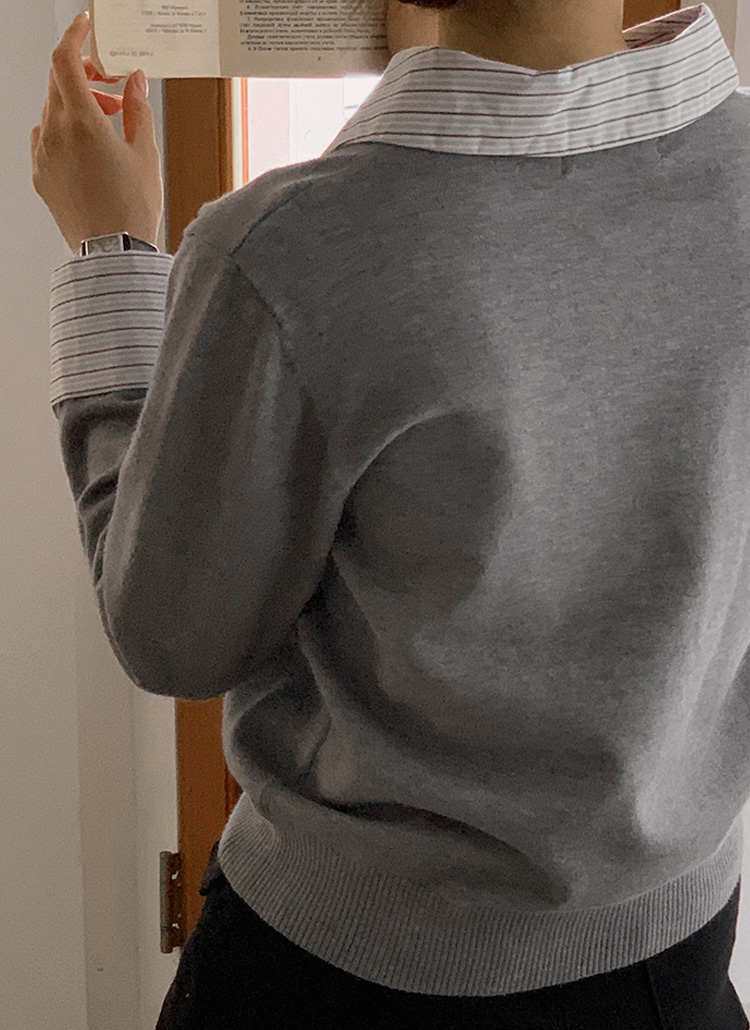 ストライプシャツレイヤード風ニット | レディースファッション通販