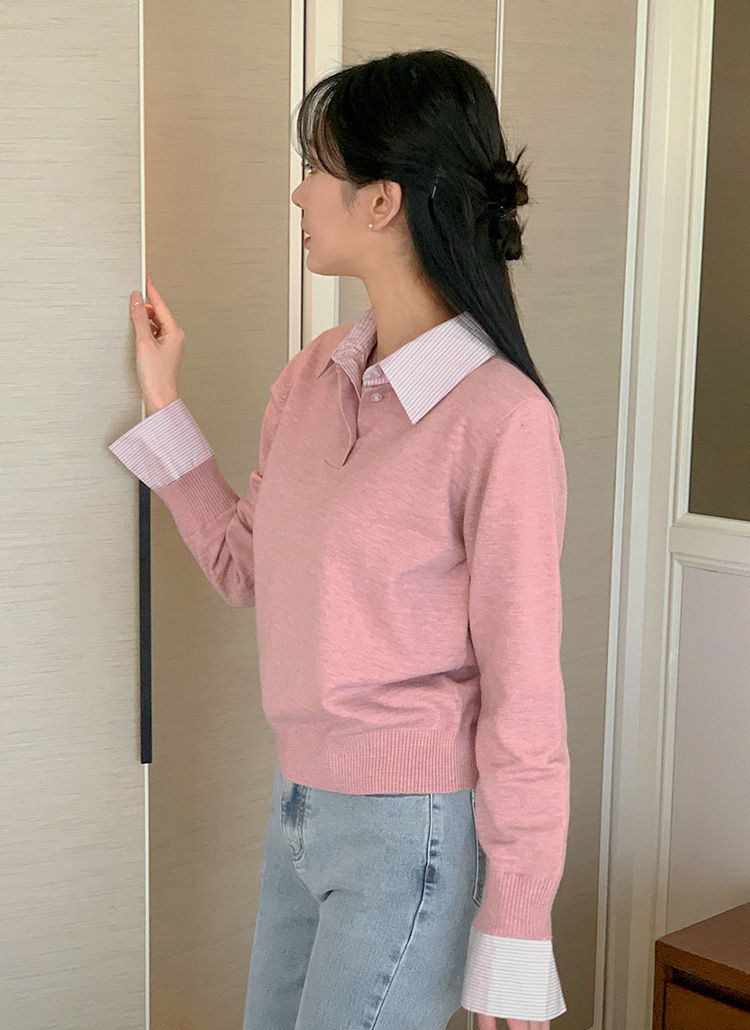 ストライプシャツレイヤード風ニット | レディースファッション通販