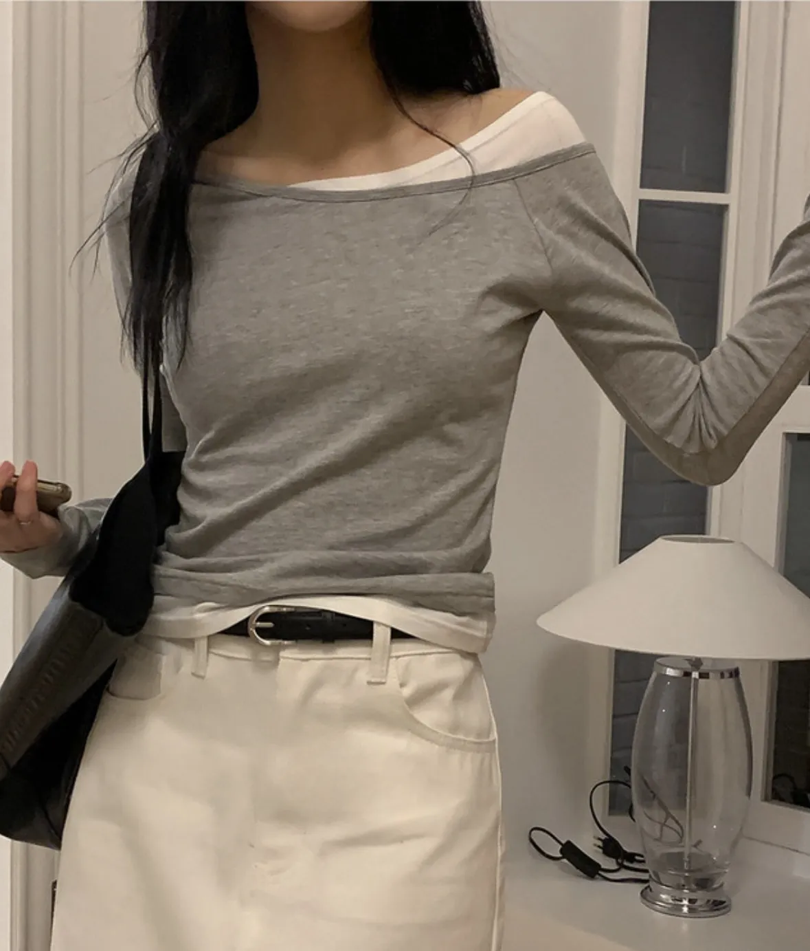 モダール混配色ワンショルダーTシャツ | 詳細画像1