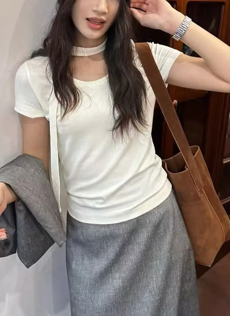 ストラップ付ウール混Uネックリブ半袖ニット | 詳細画像1