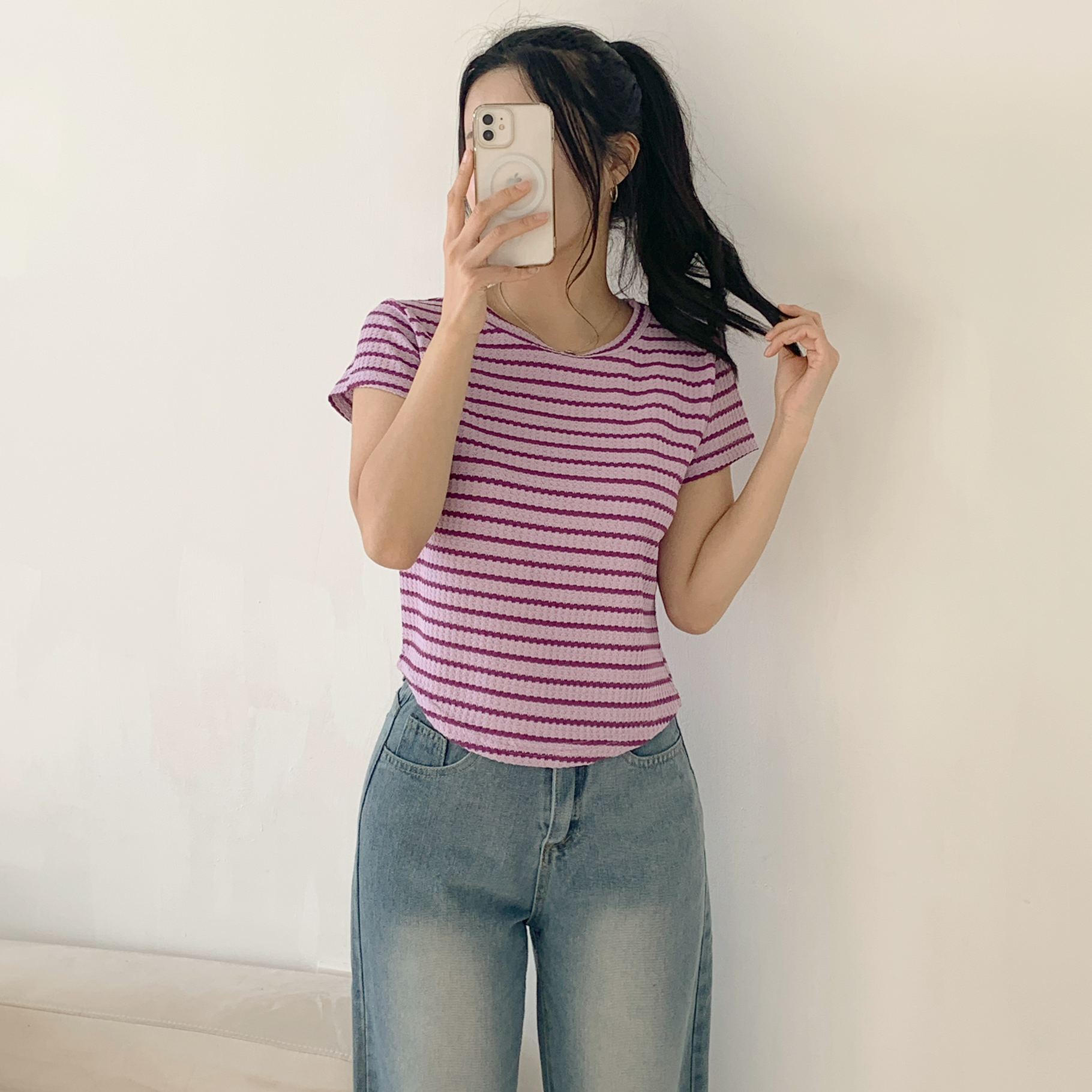 ワッフルボーダーラウンドヘム半袖Tシャツ | 詳細画像12