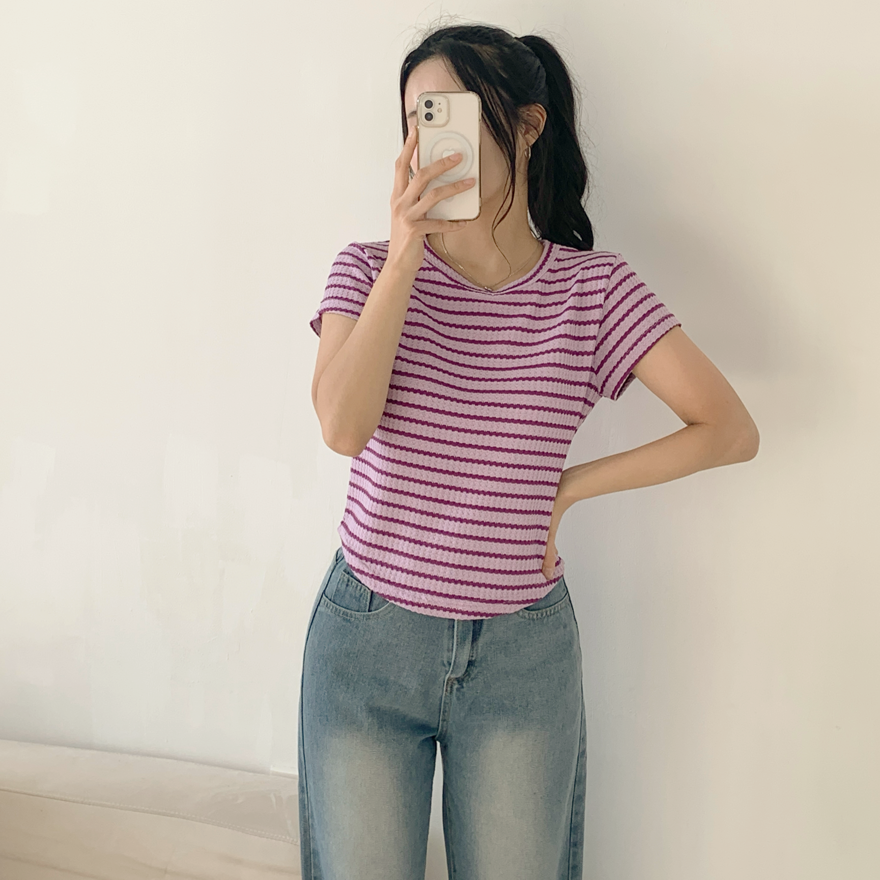 ワッフルボーダーラウンドヘム半袖Tシャツ | 詳細画像11