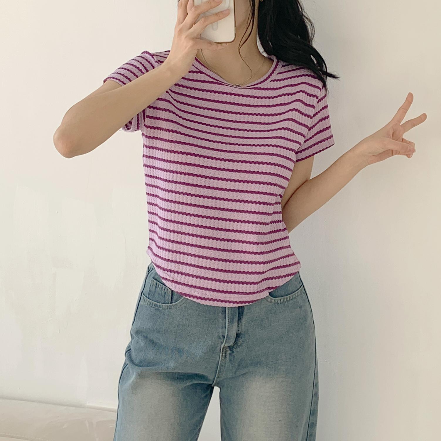 ワッフルボーダーラウンドヘム半袖Tシャツ | 詳細画像13