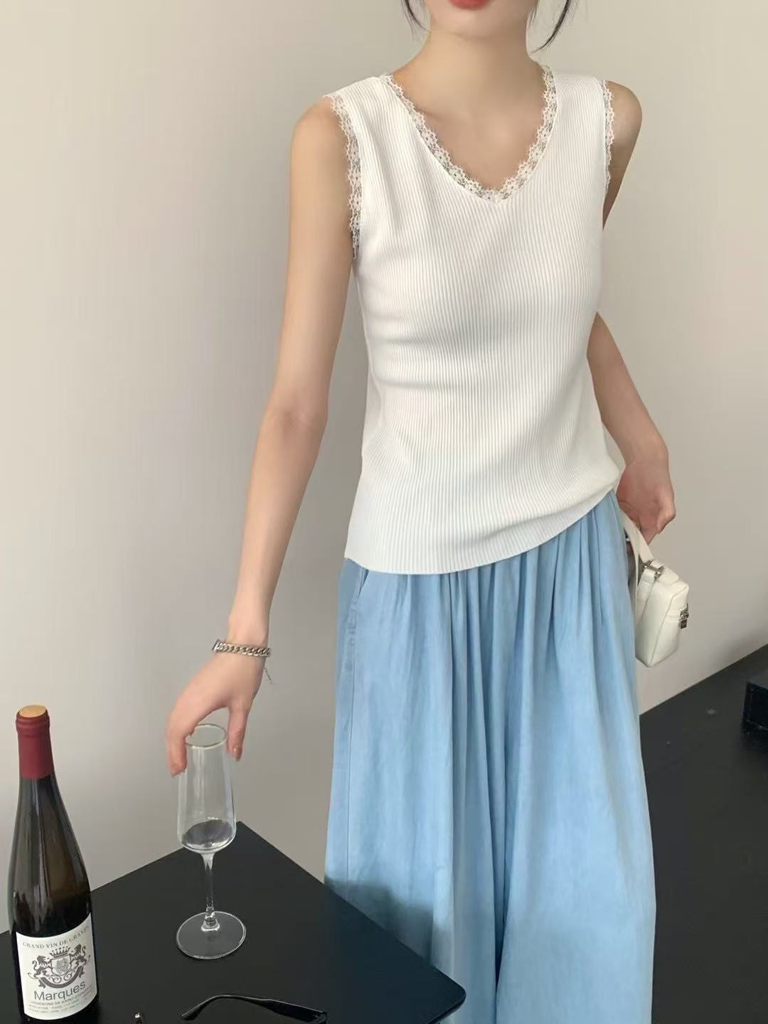 レースVネックリブニットタンクトップ | 詳細画像3