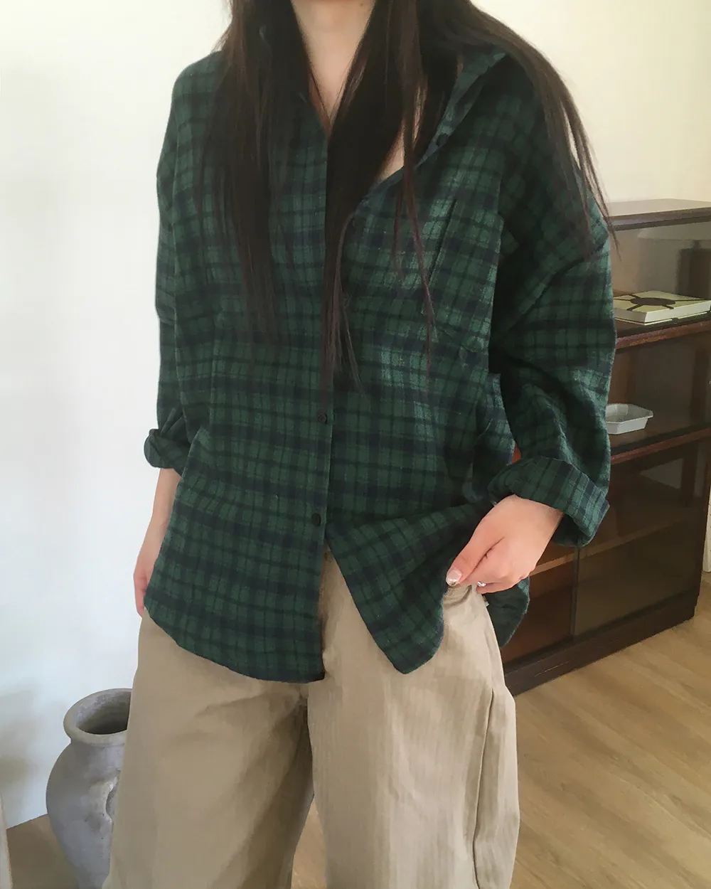 ウール混ルーズダークチェックシャツ | WONDERWONDER | 詳細画像1