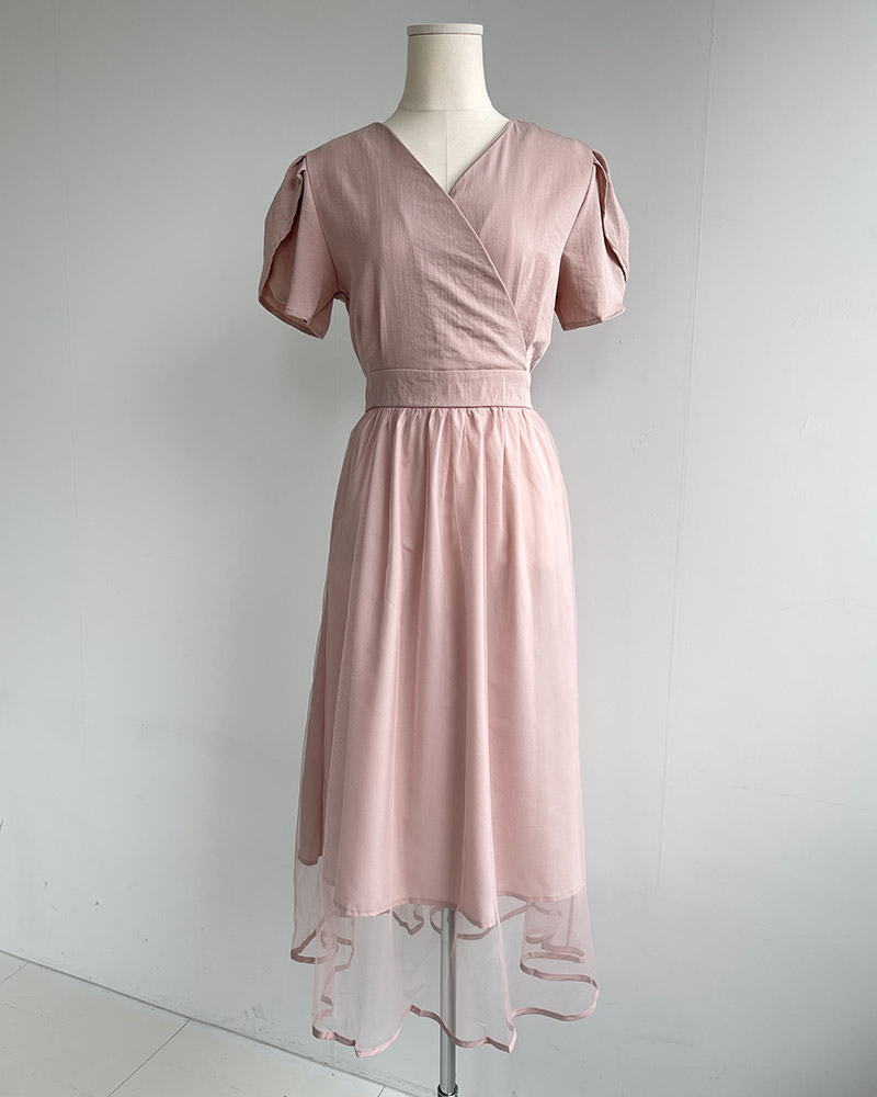 パフ半袖カシュクールシフォンワンピース | 詳細画像14