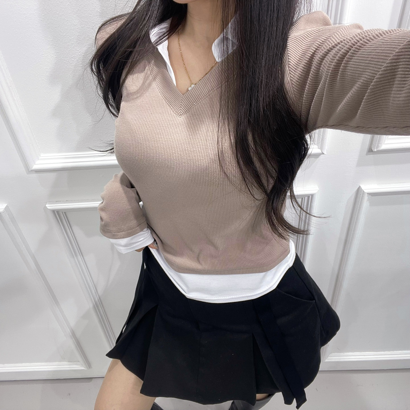スキッパーシャツレイヤードVネックリブTシャツ | 詳細画像2