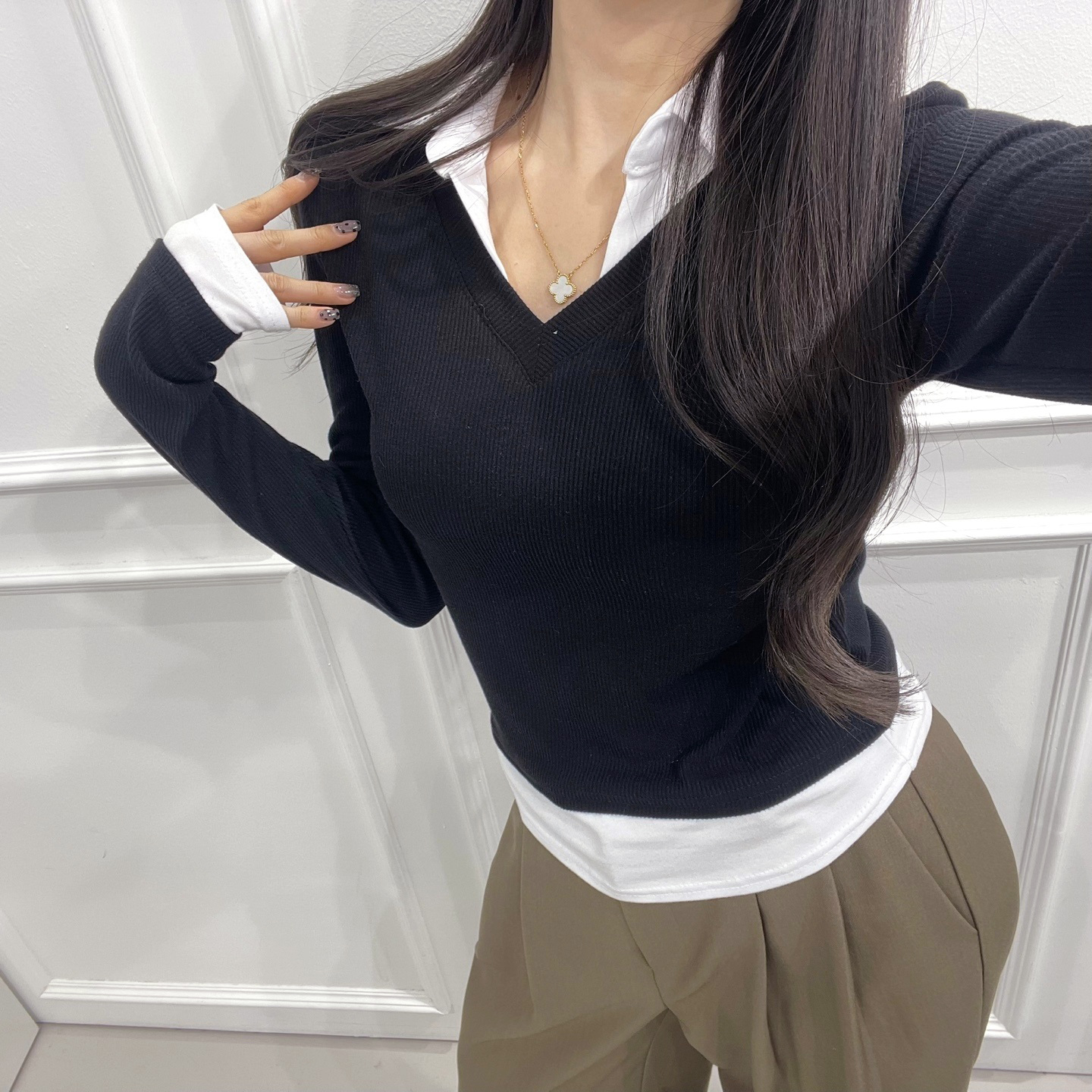 スキッパーシャツレイヤードVネックリブTシャツ | 詳細画像9