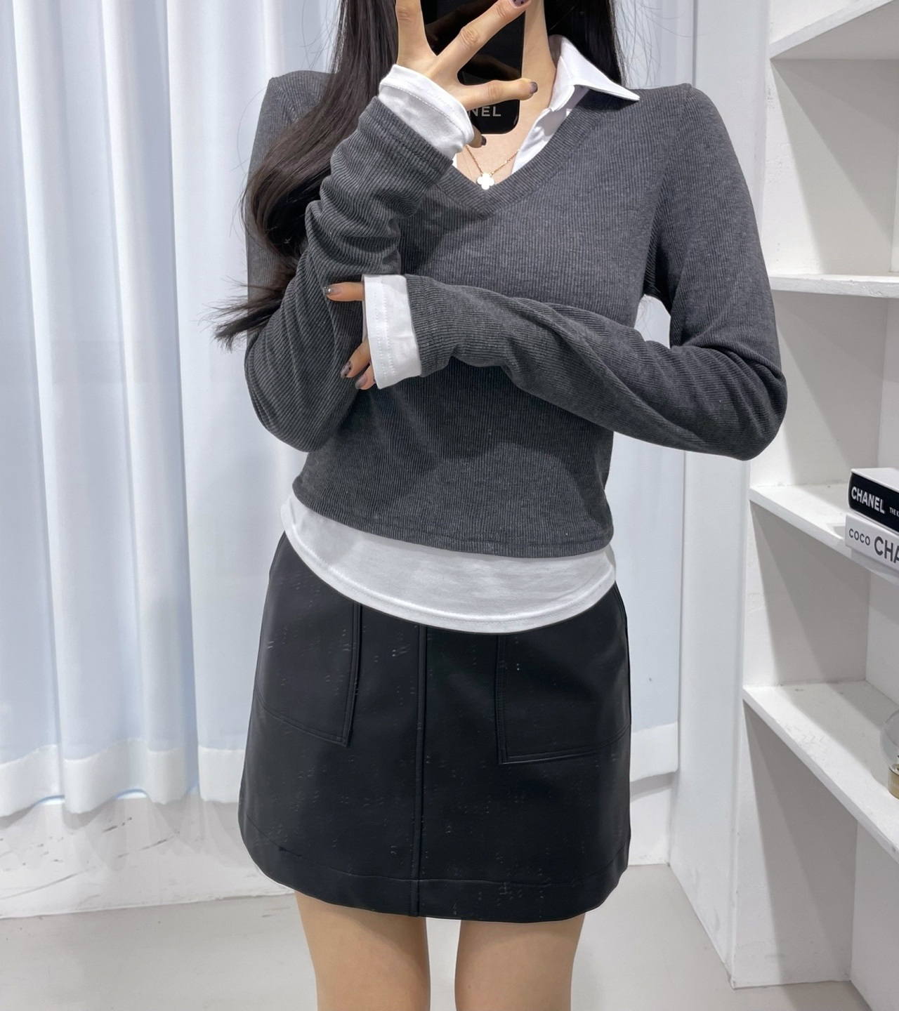 スキッパーシャツレイヤードVネックリブTシャツ | 詳細画像11