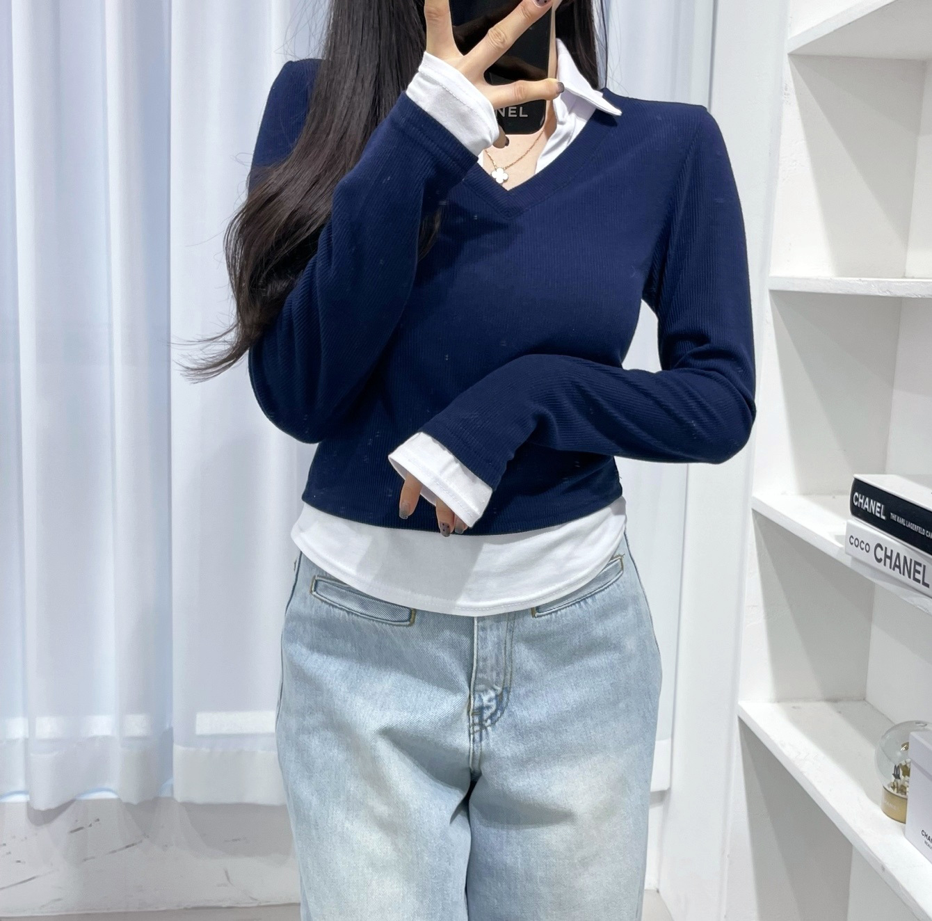 スキッパーシャツレイヤードVネックリブTシャツ | 詳細画像14