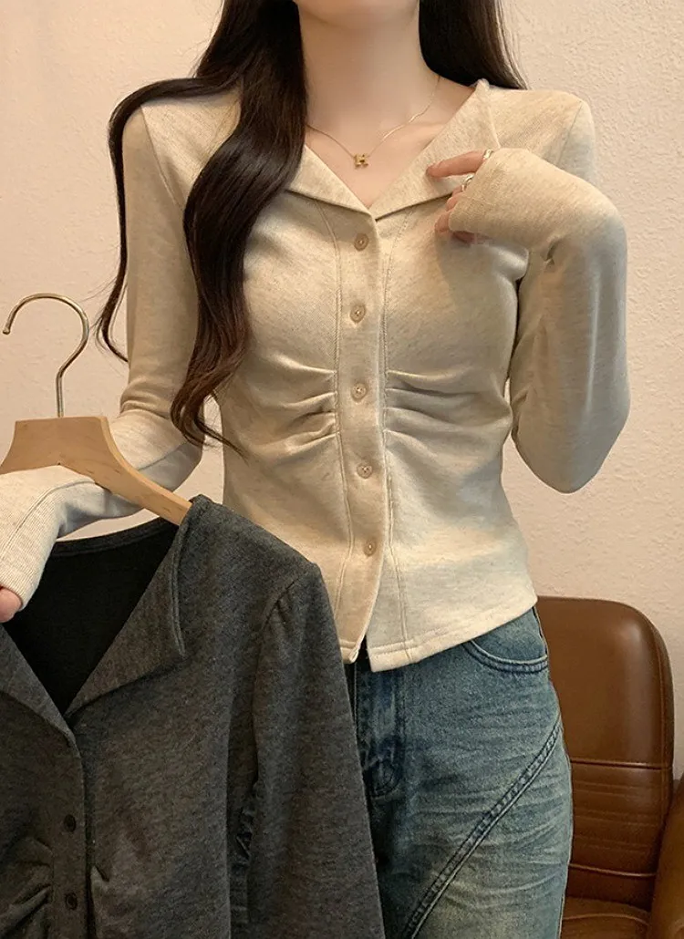裏起毛オープンカラーギャザーボタンTシャツ | 詳細画像1