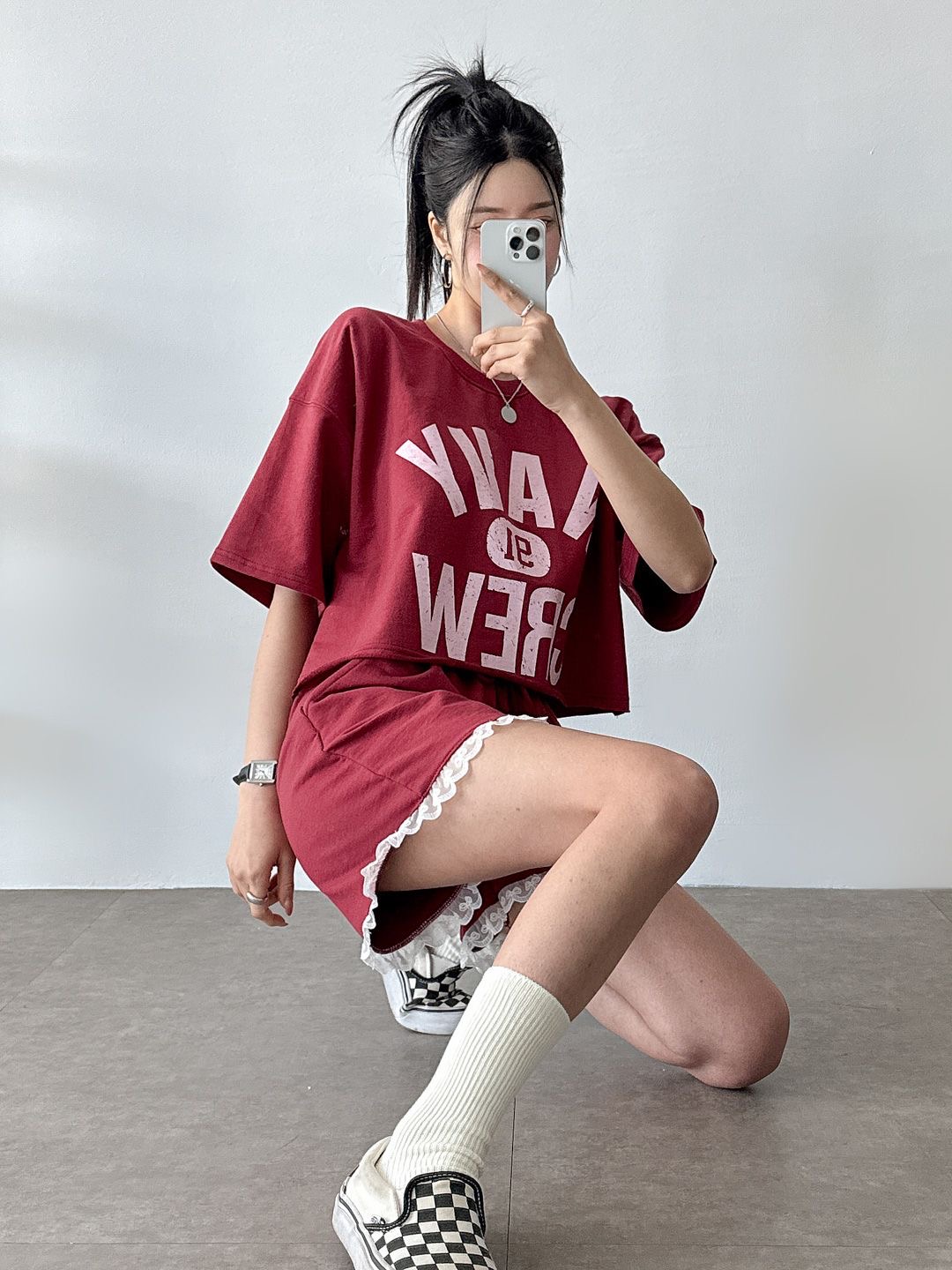 NAVYクロップド半袖Tシャツ&ドロストレースショートパンツSET | 詳細画像2
