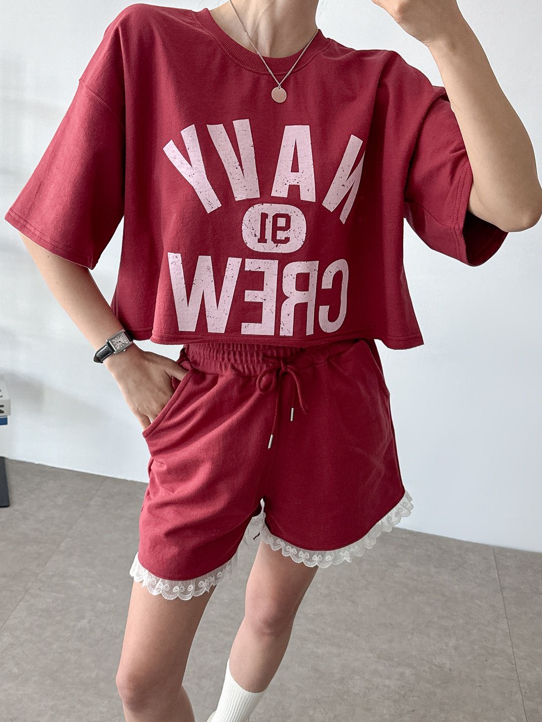 NAVYクロップド半袖Tシャツ&ドロストレースショートパンツSET | 詳細画像3