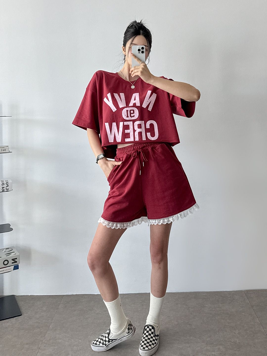 NAVYクロップド半袖Tシャツ&ドロストレースショートパンツSET | 詳細画像5