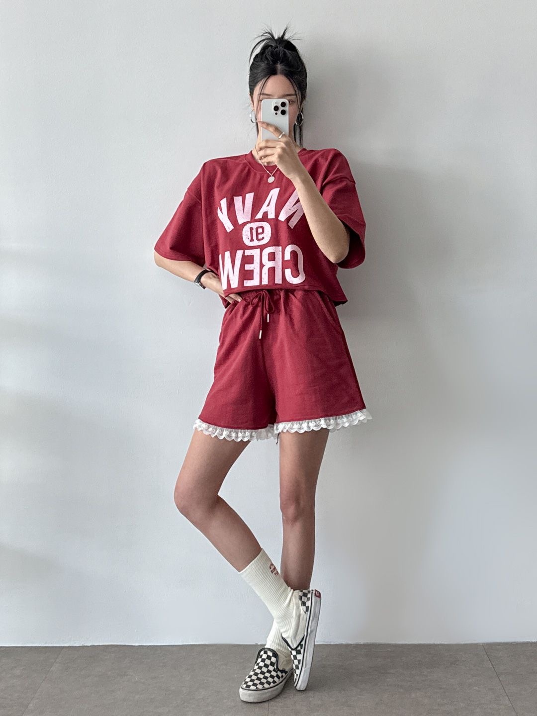 NAVYクロップド半袖Tシャツ&ドロストレースショートパンツSET | 詳細画像6