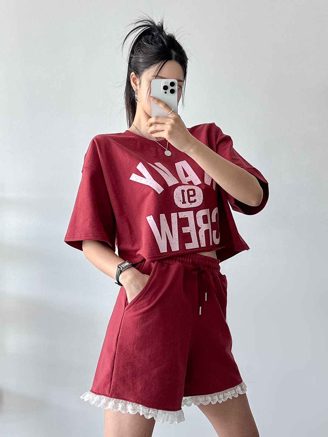 NAVYクロップド半袖Tシャツ&ドロストレースショートパンツSET | 詳細画像7