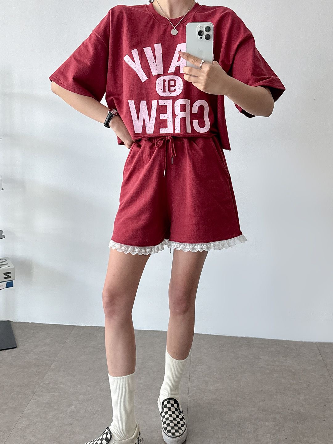NAVYクロップド半袖Tシャツ&ドロストレースショートパンツSET | 詳細画像8