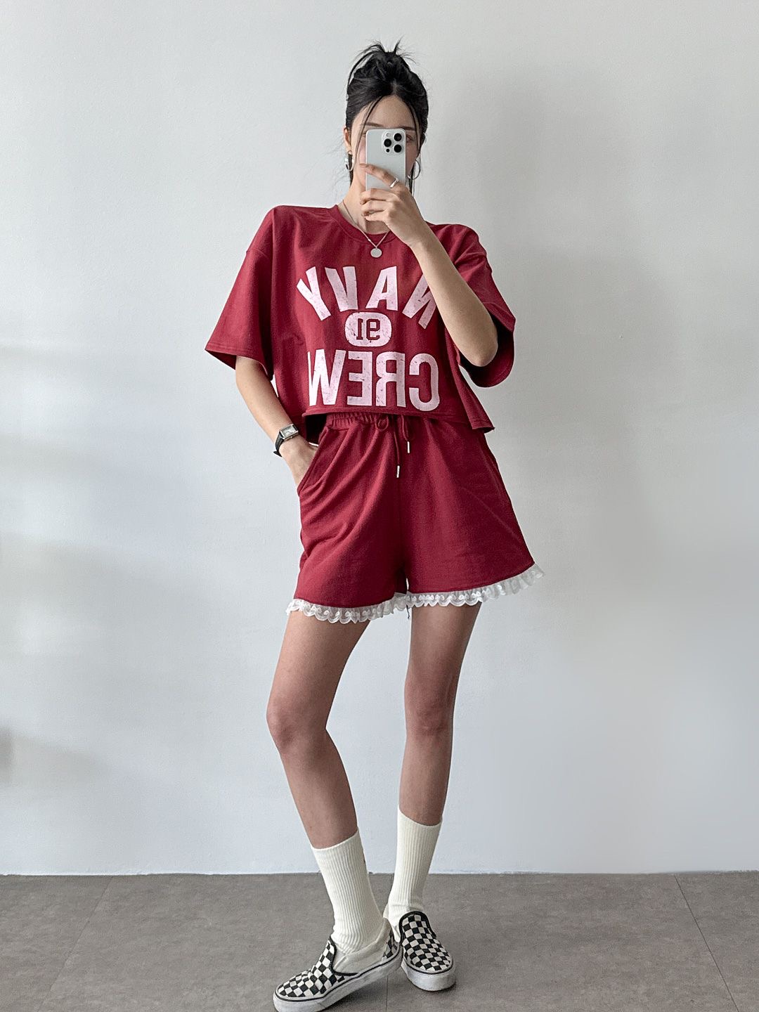 NAVYクロップド半袖Tシャツ&ドロストレースショートパンツSET | 詳細画像9