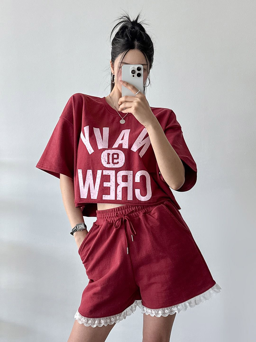 NAVYクロップド半袖Tシャツ&ドロストレースショートパンツSET | 詳細画像11