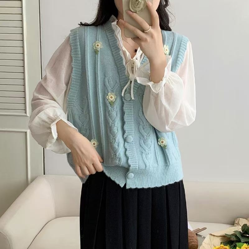 花柄刺繍スカラップケーブルニットベスト | 詳細画像7