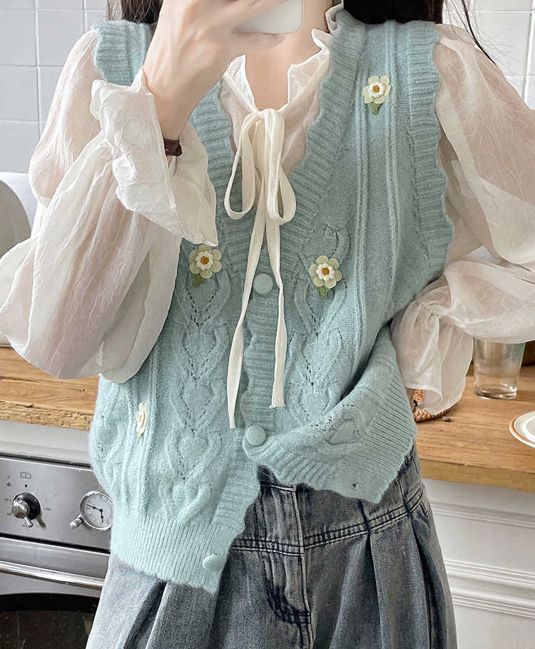 花柄刺繍スカラップケーブルニットベスト | 詳細画像6