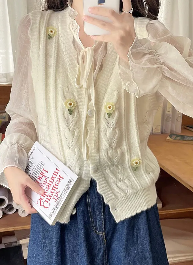 花柄刺繍スカラップケーブルニットベスト | 詳細画像1
