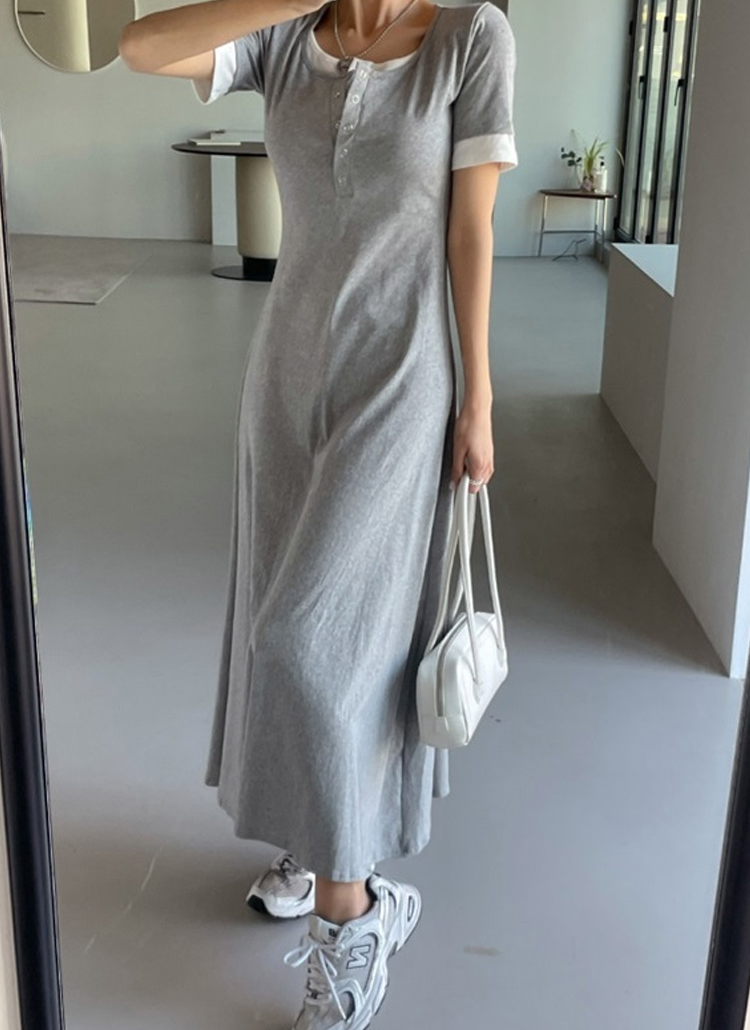 レイヤードヘンリーネック半袖マキシワンピース | レディース