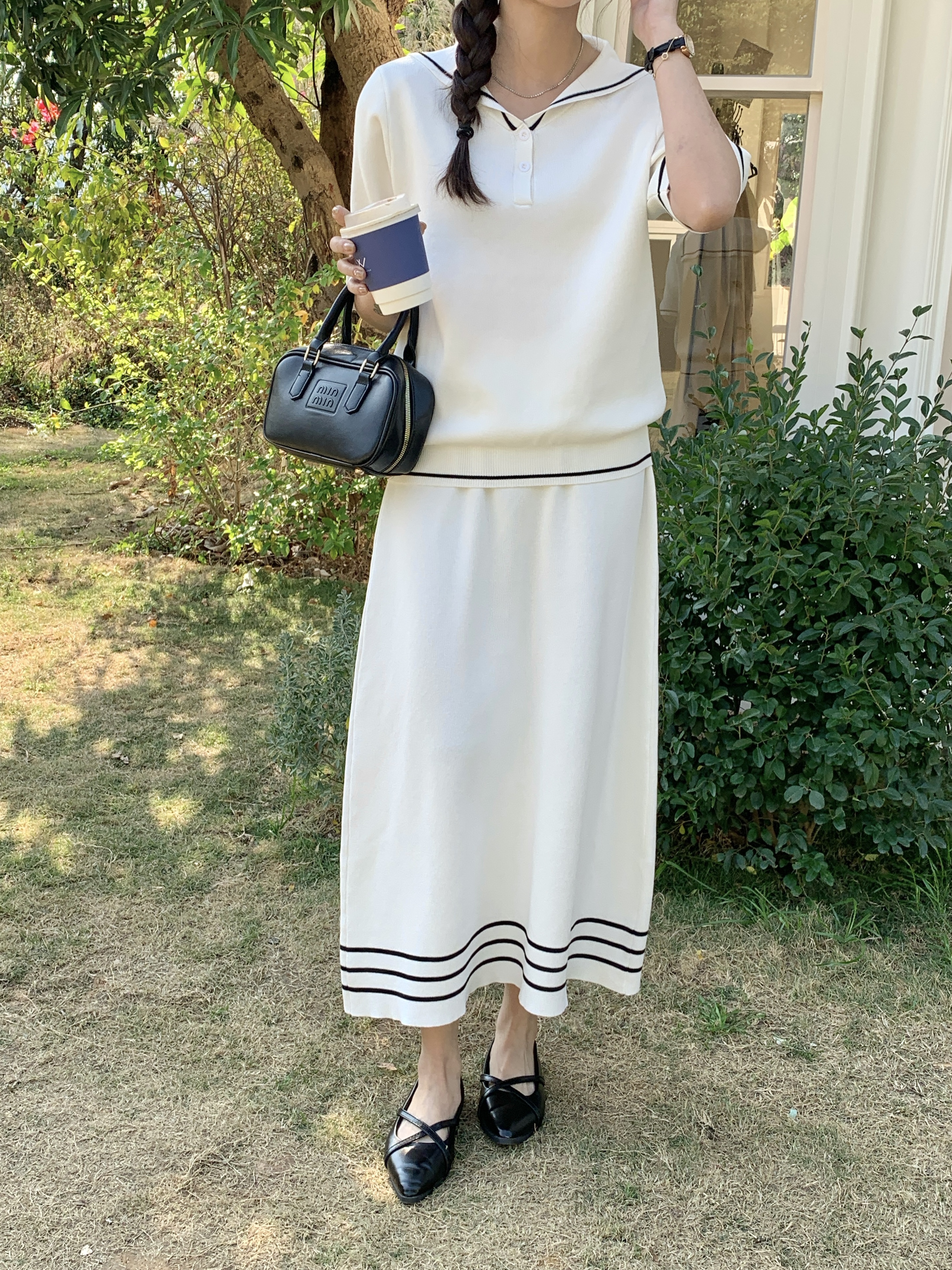 配色ラインセーラー半袖ニット&ロングスカートSET | 詳細画像8