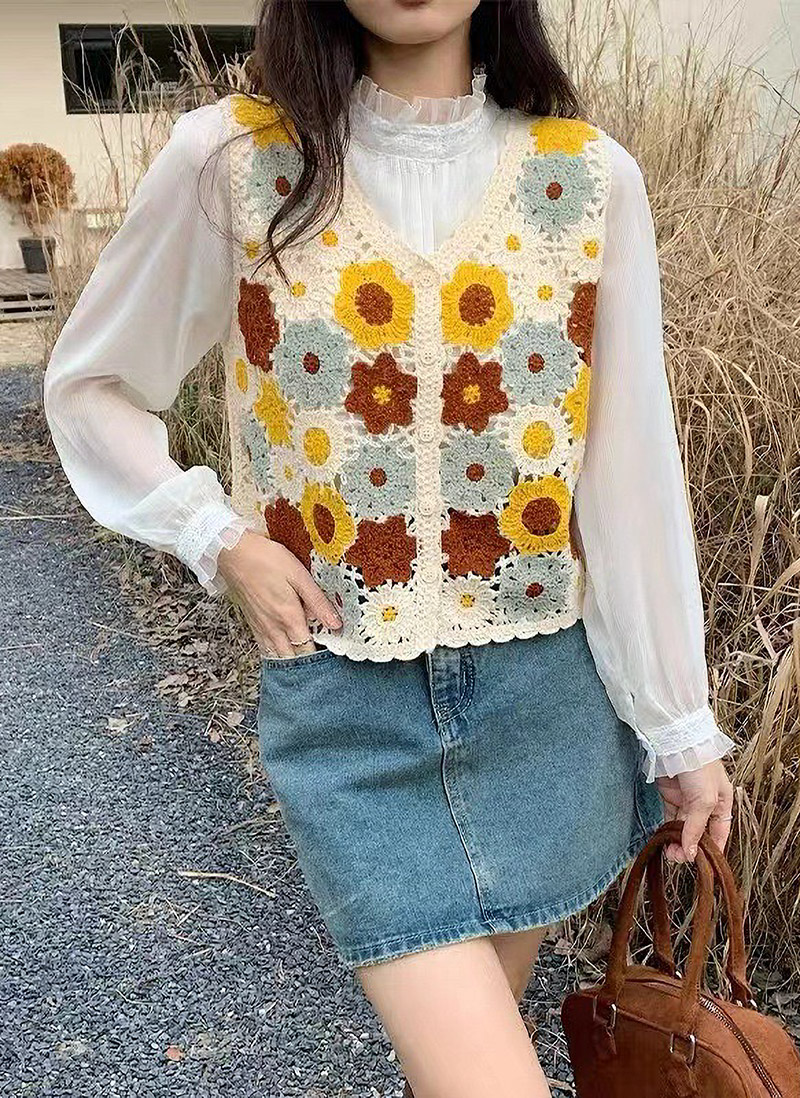 スカラップ花柄クロシェボタンニットベスト | 詳細画像3